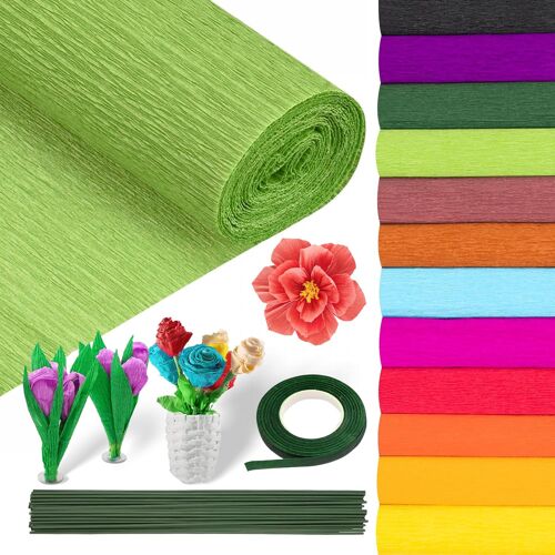 Mevronisshop-12 Couleurs Papier Crepon 12 Rouleau Papier Crépon 25 X 200 Cm Avec Rouleau De Ruban Et Tiges De Fil Floral Papiers Crépons Fleurs Pour Créer Des Fleurs Bricolage Décoration