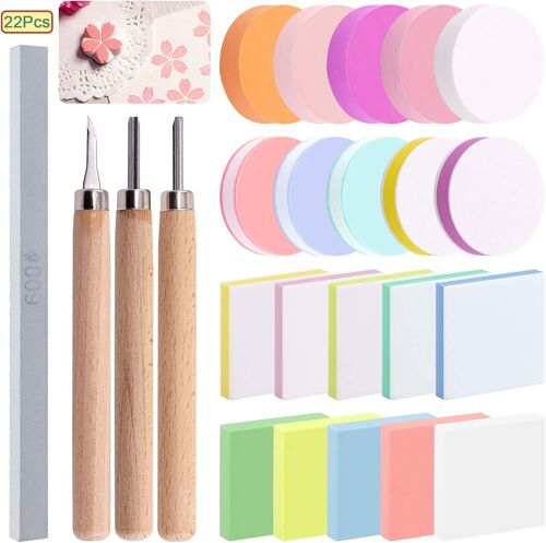 Mevronisshop-24 Piece Linogravure Plaque Kit Linogravure Caoutchouc Block Printing Starter Linoleum Plate Avec Papiers Calques, Bloc De Mélange Pour La Gravure Et Diy Impression En Reliefs