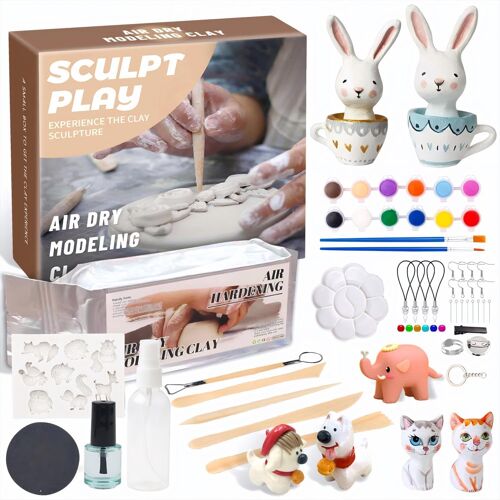 Mevronisshop-Argile Autodurcissante Kit Poterie Adulte Poterie Enfant, Blanche Argile Autodurcissante Atelier Creatif Enfant, Avec Outils, Peintures, Pinceaux, Moules