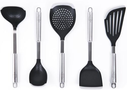 Mevronisshop-5 Ustensiles De Cuisine En Acier Inox Et Plastique Sans Bpa - Résiste A La Chaleur Et Rayures - Set Poylvalent Et Complet