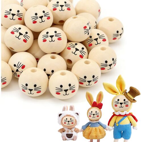 MEVRONISSHOP-50 Pièces Perles en Bois Rondes avec Visage de Chat Souriant, 20 mm, Accessoires de Bricolage, Artisanat, Avec Trou