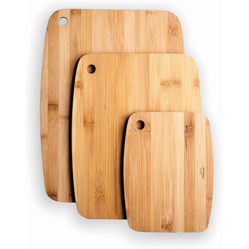 Mevronisshop-Lacor - 60523 - Set 3 Planches À Découper En Bambou 100% Naturel, Revêtement Antibactérien, Epaisseur: 1cm, 20 X 15 Cm / 28 X 22 Cm / 33 X 25 Cm, Marron