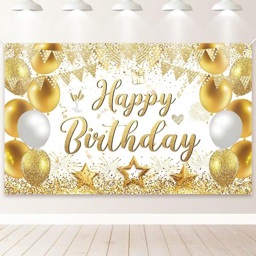 Mevronisshop-Bannière Joyeux Anniversaire, Bannière De Toile De Fond Décorations D'anniversaire, Décor De Fond De Cabine Photo De Fête Extra Large Affiche Panneau Pour Hommes Femmes (Blanc Doré)