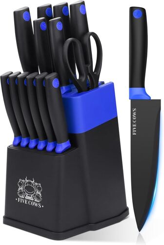 Mevronisshop-Couteau Cuisine, 14 Pièces Couteaux De Cuisine Avec Bloc, Avec Aiguiseur Intégré, Set De Couteaux À Steak, X50cr15, Bloc Couteaux Cuisine Avec À Pain, Couteau À Fruits Et Ciseaux (Bleu)
