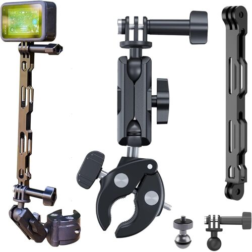 MEVRONISSHOP-Support de guidon de vélo et moto pour GoPro Hero 13 12 11 10 9 Max insta360 X5 X4 X3 DJI Osmo Action 5 Pro 4 3,360° Double tête sphérique Support de serrage avec tige d'extension en alu