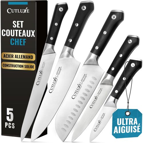 Mevronisshop-Set Couteau Cuisine Professionnelle ¿ 5 Pièces Couteaux De Cuisine ¿ Acier Allemand De Haute Qualité, Lame Ultra Tranchante, Pleine Soie, Poignées Ergonomiques ¿ Série Artisan