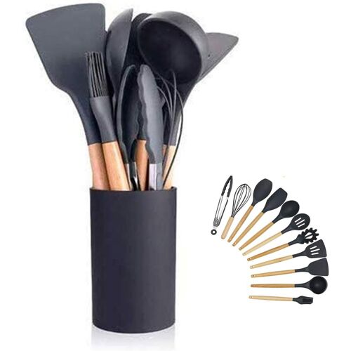 Mevronisshop-Ustensiles De Cuisine En Silicone Ensemble D'ustensiles De Cuisine Poignées En Bois Résistant À La Chaleur Gadgets De Cuisine Gris Outils Pour Ustensiles De Cuisine Antiadhésifs (Noir-12