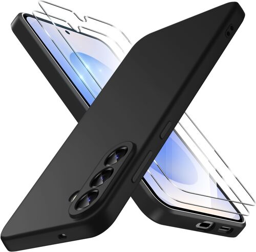 MEVRONISSHOP-Coque pour Samsung Galaxy S26 5G avec 2 Pièces Verres Trempés, Housse Etui de Protection Complète du Corps en Silicone TPU Souple Liquide, Mince Élégante Antichoc Anti-Empreintes, Noir