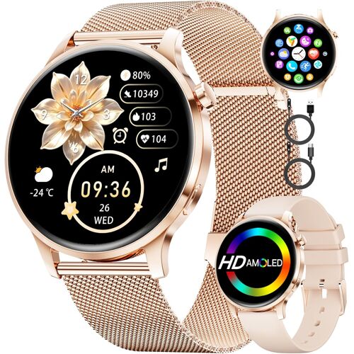 MEVRONISSHOP-Montre Connectée Femme Smartwatch Sport: 1.32"" AMOLED Smartwatch avec Appel Bluetooth, Elégante Montre Femmes pour iOS Android, 110 Modes Sportifs, Santé Au Féminin/Fréquence Cardiaque/S