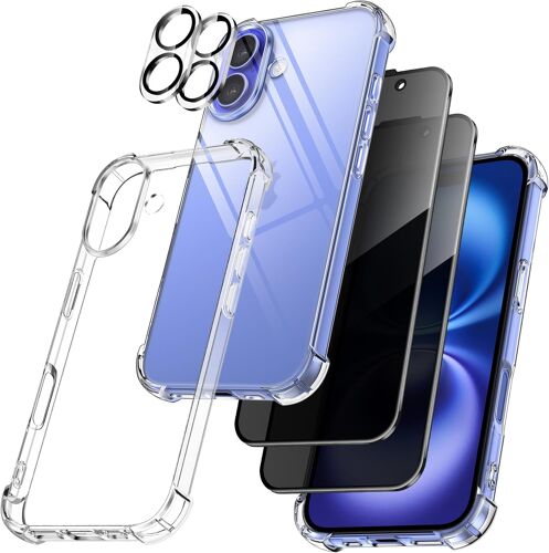 MEVRONISSHOP-5 en 1 Coque Antichoc pour iPhone 16 et 2 Pièces Anti-Espion Verre Trempé avec 2 Caméra Arrière Protecteur, Étui de Silicone Souple TPU Anti-Jaune Housse, Transparent