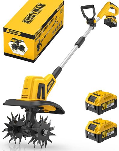 MEVRONISSHOP-Motobineuse sans Fil 20V Max, 360 TR/Min, Motoculteur Électrique avec 2 x 4,0 Ah Batteries et Chargeur, Largeur de Travail 23 cm, Profondeur 17 cm, pour Pelouse/Jardin/Travaux du Sol