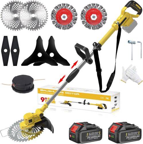 MEVRONISSHOP-Débroussailleuse à Batterie, Coupe Bordure sans Fil 4 en 1, avec 2 Batteries 4.0 Ah, Brosse Désherbage, Poignée Réglable, Tête Pivotante 90°, Diamètre de Coupe : 25 cm, pour Jardin Élaga