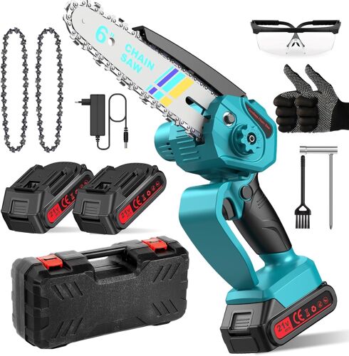 MEVRONISSHOP-Mini Tronconneuse a Batterie 6000mAh, 6 Pouces Tronçonneuse Electrique Sans Fil, Elagueuse Batterie, Petite Tronçonneuse le Jardin, 2 Chaînes,2 Batteries
