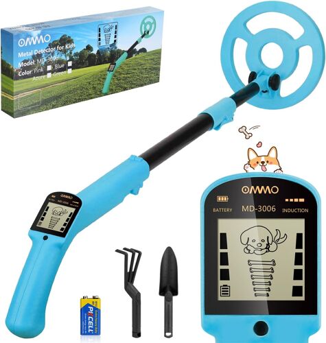 MEVRONISSHOP-Détecteur de Métaux pour Enfants, Tige Réglable de 18,3 à 37,8 Pouces avec écran LCD, Détecteur de Métaux pour Débutants avec Bobine de Recherche étanche de 6 Pouces, avec Pelle et Râtea