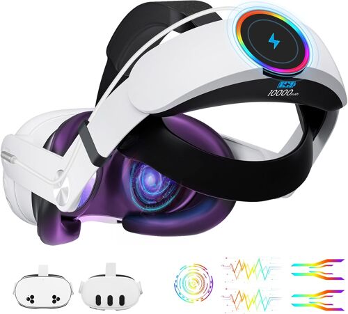 MEVRONISSHOP-Headstrap Compatible avec Meta Quest 3/Quest 3S, Bandeau RGB avec Batterie 10000mAh, Bandeau Réglable à Recharge Rapide, Accessoire VR, durée de Jeu Prolongée de 4 Heures