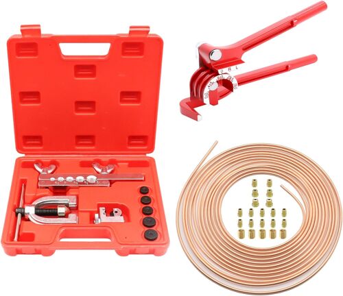 Mevronisshop-Kit Tuyau Frein Voiture, Ligne Frein En Acier Cuivré 7.6 M, Ø4,75mm, Avec Cintreuse Tube Cuivre, 16 Raccords + 5 Connecteurs, Idéal Pour Les Systèmes De Freinage Hydrauliques De Voiture