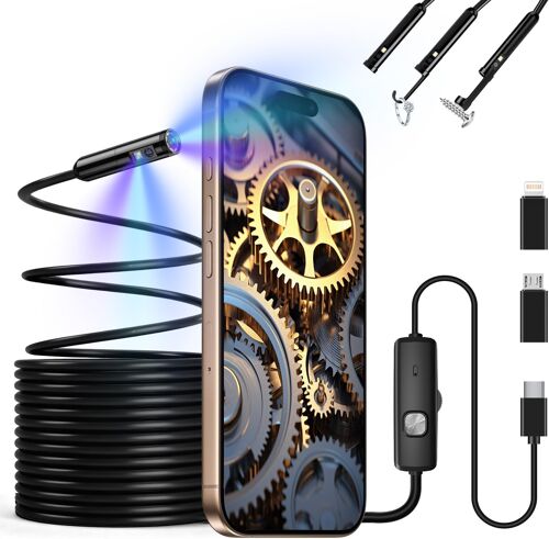 MEVRONISSHOP-Camera Endoscopique, Camera Canalisation à Double Objectif HD 1920P, Caméras d'Inspection Sonde de 7,9mm Étanche IP67 avec 8 LED, Câble Semi-Rigide de 5M pour Android iPhone Tablettes