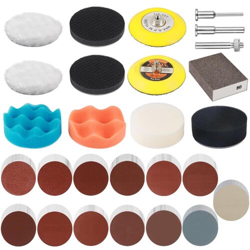 Mevronisshop-142 Renovateur Phare Voiture, 75mm Kit Renovation Phare Voiture, Avec Disque Abrasif, Éponge Polissage & Rond Papier Poncage (Grain 40¿5000), Kit Polissage Phare Auto, Pour Métal Bois Ve
