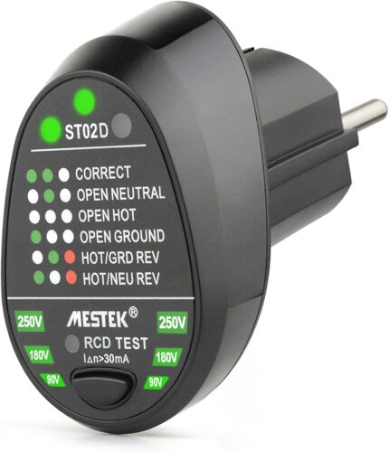MEVRONISSHOP-Testeur de Prise électrique, RCD Testeur De Sortie De Détecteur De Polarité de Circuit de Test de Fil de Terre en Direct Neutre Automatique(EU Plug)