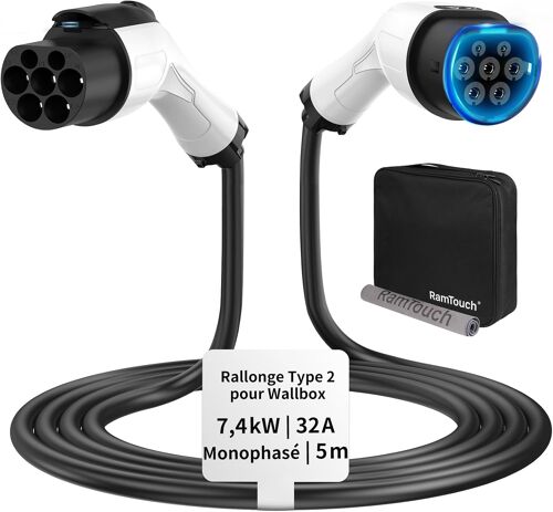 Mevronisshop-Câble De Rallonge Type 2 (32 A, 7,4 Kw, 5 M, Monophasé) - Câble D'extension Compatible Avec Les Chargeurs, Wallboxes Et Bornes De Recharge Pour Véhicules Électriques (Ve) Et Hybrides (Ph
