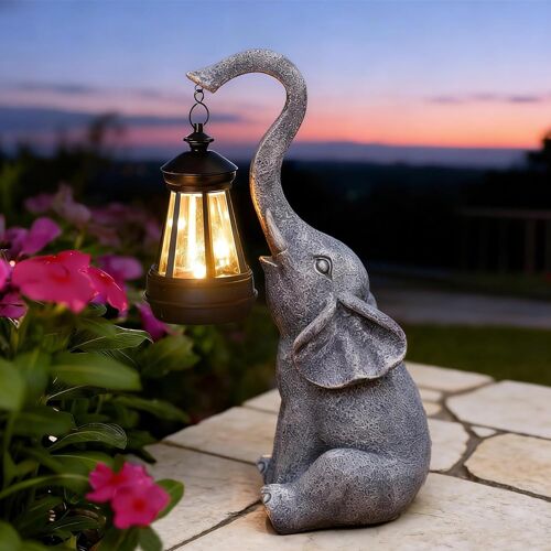 Mevronisshop-Elephant Decoration Statue Jardin Exterieur Avec Lampe Solaire Figurine - Salon Elefante Décoration Cadeau Pour Femme Homme Maman Anniversaire Decor Imperméable Pour De Jardin Balcon Gri