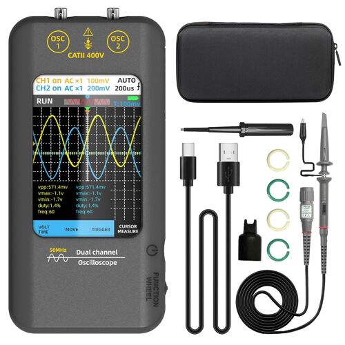 MEVRONISSHOP-Oscilloscope Numérique Portable 2 Canaux 50MHz Oscilloscope Portable à Écran Tactile Angle de Vue Complet 3,98 Pouces Oscilloscope Générateur de Signal Rechargeable pour Automobile Élect