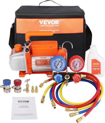 MEVRONISSHOP-Pompe à Vide Climatisation 100 L/min Pompe à Vide Frigoriste HVAC 150 W avec Kit Jauges et Tuyau Caoutchouc Tricolore 1440 tr/min Sac de Transport pour R134a Climatiseur Automobile Réfri