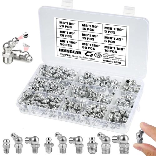 Mevronisshop-170 Pièces Assortiment Graisseur M6 M8 M10 Kit À Visser En Fer Nickelé Droit Et Coudé 45°/90° Pour Équipement Mécanique, Voitures, Bateaux, Tracteurs