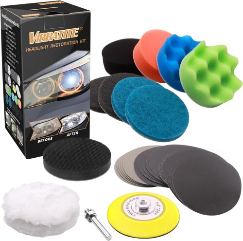MEVRONISSHOP-32 Pièces Renovateur Phare Voiture - Kit Rénovation Phare Voiture, Kit Polissage Phares Voiture, Restaurer Les Phares pour Auto et Moto, Set Papier Abrasif Eau/Sec 75mm