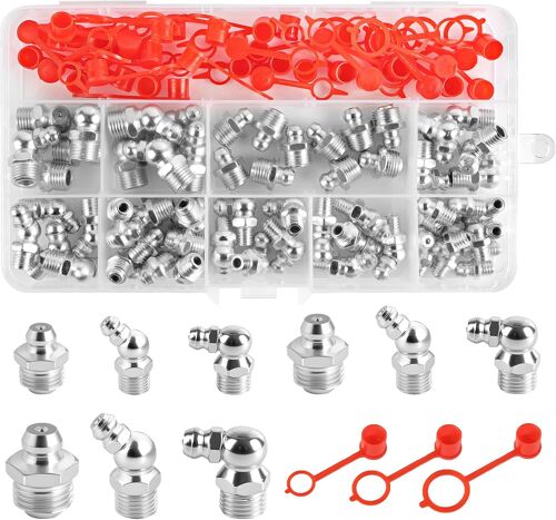 MEVRONISSHOP-100 Pièces Kit Graisseur a Visser, Assortiment Graisseur M6 M8 M10, Droit Graisse Raccord 45° 90° 180, Graisseur Hydraulique avec Couvercle & Boîte en Plastique pour Équipement Mécanique