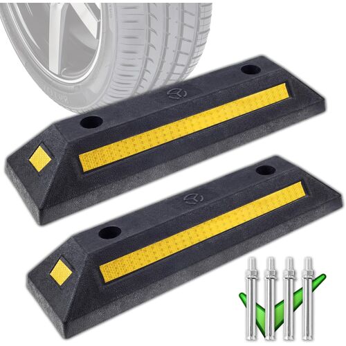 Mevronisshop-Lot De 2 Bordures En Caoutchouc Noir Très Résistantes Avec Bandes Jaunes Réflectives, Butées De Roue Pour Voiture, Camion, Camping-Car, Remorque Et Garage - Qualité Professionnelle