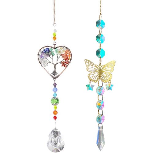 MEVRONISSHOP-2Pcs Attrape-Soleil en Cristal, Arbre de Vie Attrape Soleil Cristal, Papillon Attrape-Soleils en Cristal, Suspendu Suncatcher Pendentif, Cristal Suspendu, pour Fenêtre Jardin Maison