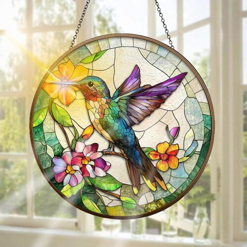 MEVRONISSHOP-Colibri Attrape-Soleil en Vitrail, Décoration De Fenêtre Suspendue Fleurs Attrape-Soleil Artisanal, Idéal pour Décorer Un Jardin, L'intérieur Ou L'extérieur, Cadeau De Noël 20 X 20 cm