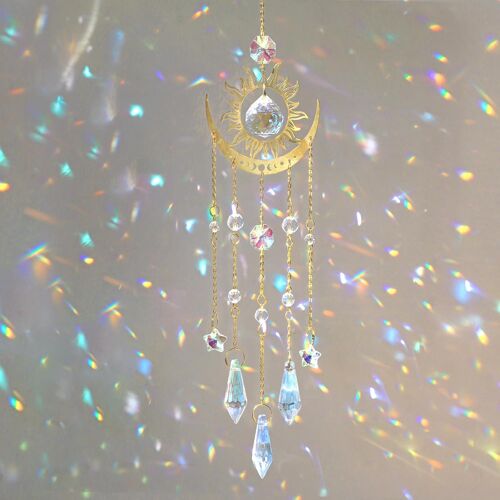 Mevronisshop-Attrape-Soleil En Cristal Pour Fenêtre Ornement Boho Carillon À Vent Attrape-Soleil De Jardin Perles Prisme Pendentif Soleil Lune Pour Maison Fenêtre Décor Cristal Cadeau Pour Fille Femm