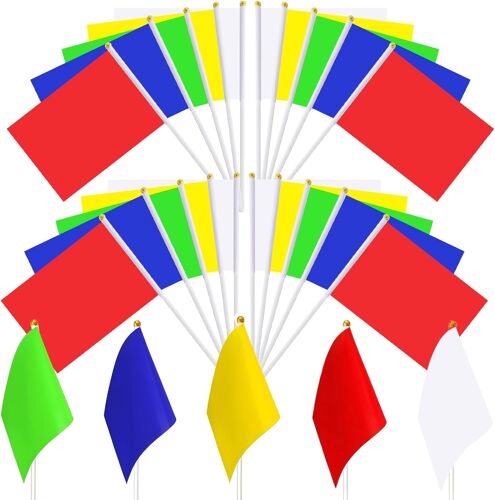 MEVRONISSHOP-100 Drapeaux à Main Mini Petit Drapeau avec Baton 20 Chacun en Rouge Jaune Vert Bleu Blanc 14 x 21 cm DIY pour Fêtes Anniversaires Événements Décorations Mariages Fêtes Thématiques Multi