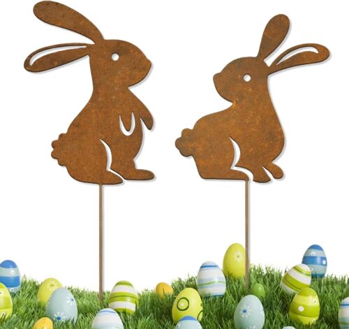 Mevronisshop-2 Pâques Lapins Rouillés, 2d Pâques Décoration De Jardin En Métal, Patine Rouille Naturelle, Décoration De Jardin, Grand Et Petit (A)