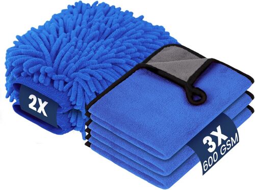 Mevronisshop-Kit De Nettoyage De Voiture 5 Pièces Avec 3 Chiffons En Microfibre Et 2 Paires De Gants De Lavage En Chenille, Essuie-Tout 600 G/M² 40 * 30cm