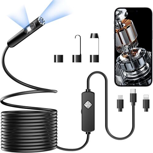 MEVRONISSHOP-Caméra d'inspection endoscopique à Double Objectif, câble serpentin Semi-Rigide de 5 m, Double Objectif HD 1920p, avec éclairage 8+1 LED réglables