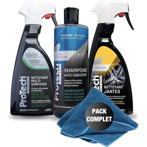 Mevronisshop-Mc | Kit Nettoyant Voiture Interieur Et Extérieur | Nettoyant Multi-Surfaces | Shampoing Carrosserie | Nettoyant Jantes | 3x500 Ml | Inclut Microfibre 40x40 Cm | Made In France