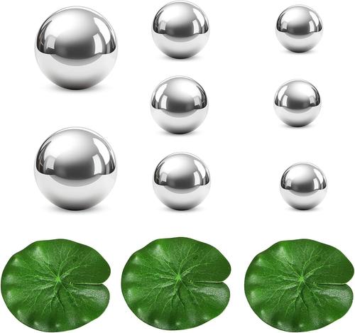 Mevronisshop-8 Boules Décoratives En Acier Inoxydable Boules Miroir Argentées Avec 3 Feuilles De Lotus Flottantes Boules Flottantes En 3 Tailles De 2.5 Cm À 6 Cm Pour Bassin Et Jardin
