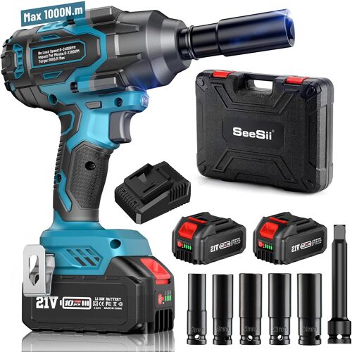 MEVRONISSHOP-1000 N.m Clé à Chocs Sans Fil Brushless, 1/2 pouce Boulonneuse a Choc Electrique avec 2x4.0Ah Batterie, Chargeur Rapide, Visseuse à Choc avec 5 Douilles pour la Voiture et la Maison