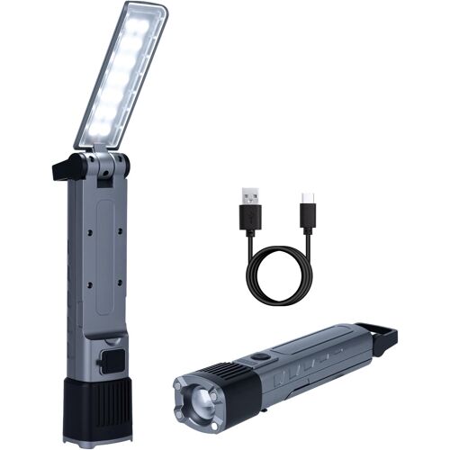 Mevronisshop-Cob Lampe De Travail Rechargeable Led, 3 Sources De Lumière & 6 Modes, Lampe De Poche Cob Avec Zoom Continu, Base Magnétique Et Crochet Pliables À 210°, Étanche Pour Réparation Et Campin