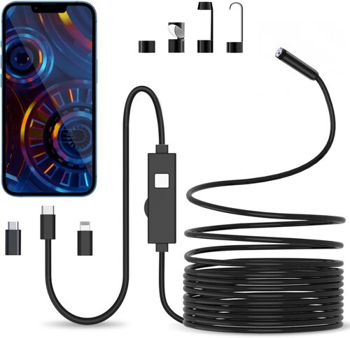 MEVRONISSHOP-Endoscope Caméra Endoscopique 5M - 1080P HD 3 en 1 USB Endoscope Camera d'inspection, Câble Semi Rigide, IP67 Étanche avec 8 Lumières LED Sonde de 7,9 mm pour Android, iPhone(No WiFi)