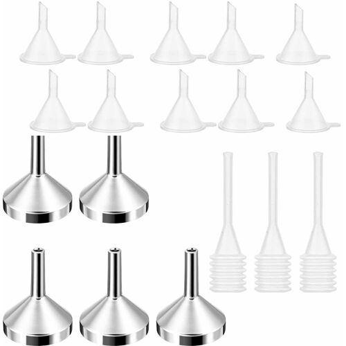 MEVRONISSHOP-Lot de 5 petits entonnoirs en métal - Lot de 10 mini entonnoirs en plastique - Avec 3 mini pipettes pour transvaser et remplir les liquides - Pour petits échantillons de parfum, émulsion