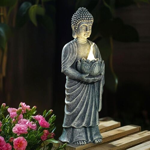 MEVRONISSHOP-Figurine de Bouddha solaire avec socle de loto, lumière LED, décorative, 28 cm, figurine zen résistante aux intempéries, pour jardin, terrasse et salon ¿ Cadeau pour femmes, maman et hom