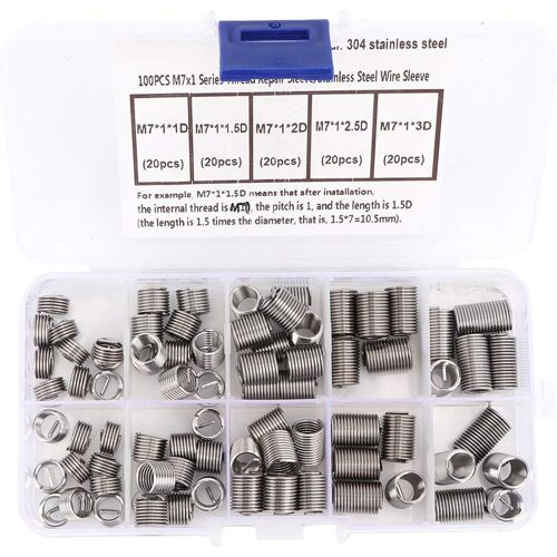 MEVRONISSHOP-Kit de réparation de filetage M7 de 100 pièces avec inserts filetés roulés, ensemble de fixation de filetage interne en acier inoxydable pour filetages endommagés