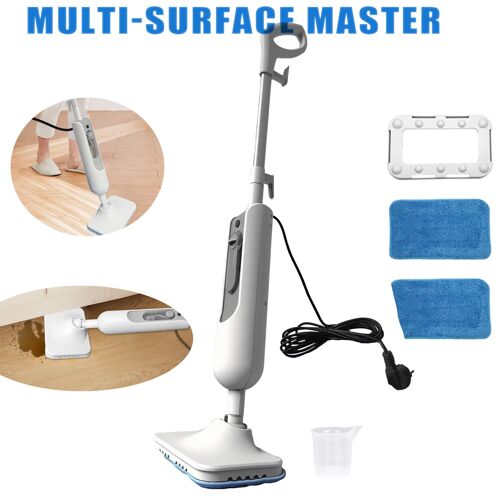 Nettoyeur vapeur électrique, balai vapeur rotatif, 2 serpillères en microfibre, câble d'alimentation de 5 mètres, balai vapeur amovible, convient aux sols, carrelages et moquettes, blanc