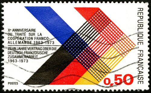 Timbre Oblitéré République Française , Xe Anniversaire Du Traité Sur La Coopération Franco-Allemande 1963 - 1973 , Zehn Jahre Vertrag Über Die Deutsch-Französische Zusammenarbeit 1963-1973 , Postes