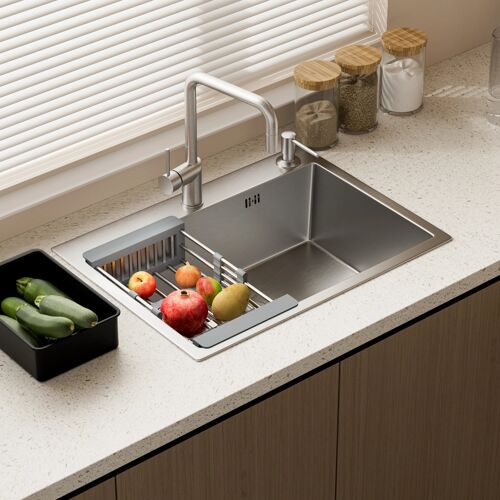 Évier de cuisine, cuve simple, 68 x 45 cm, évier en acier inoxydable à cuve simple avec filtre de vidange, robinet et trous de fixation pour distributeur de savon