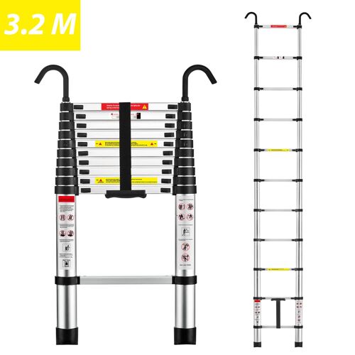 Échelle télescopique pliante en aluminium de 3,2 mètres, capacité de charge maximale de 150 kilogrammes, couleur argent